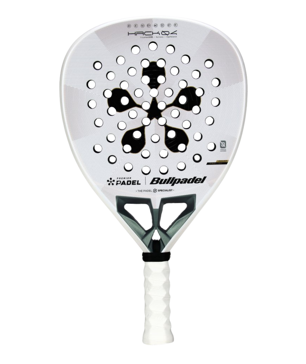 BULLPADEL Hack 04 Premier Padel 2026 padel racket with black and red design, lightweight frame, and textured hitting surface.