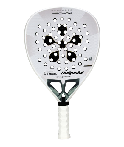 BULLPADEL Hack 04 Premier Padel 2026 padel racket with black and red design, lightweight frame, and textured hitting surface.