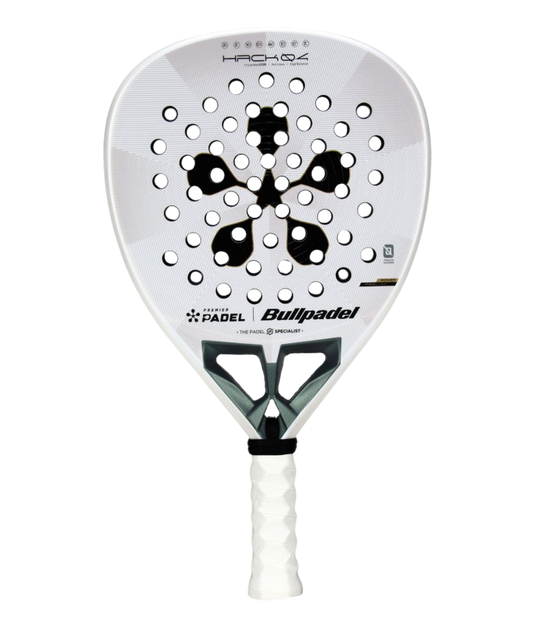 BULLPADEL Hack 04 Premier Padel 2026 padel racket with black and red design, lightweight frame, and textured hitting surface.