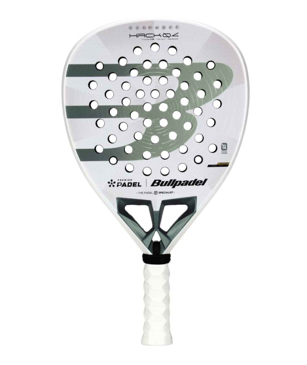 BULLPADEL Hack 04 Premier Padel 2026 padel racket with black and yellow design, featuring a close-up of the racket's surface and grip.