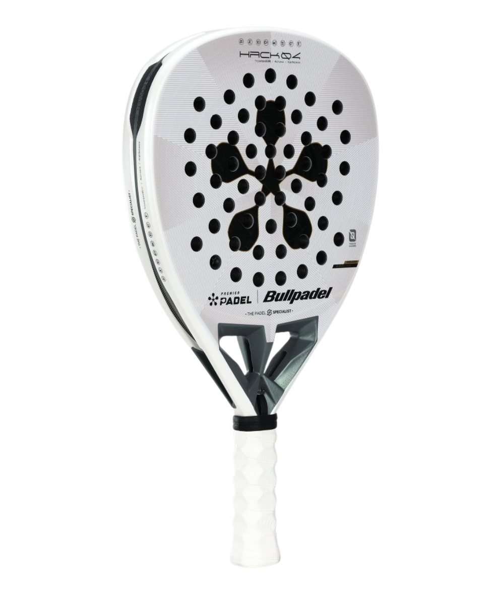 BULLPADEL Hack 04 Premier Padel 2026 padel racket with black and yellow design, lightweight frame, and textured surface.