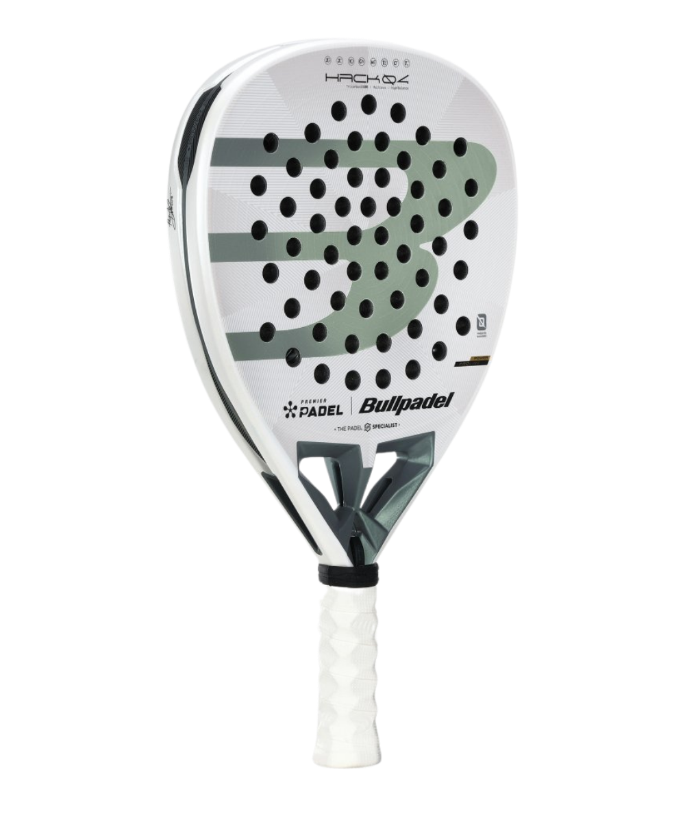 BULLPADEL Hack 04 Premier Padel 2026 padel racket with black and yellow design, shown against a white background.